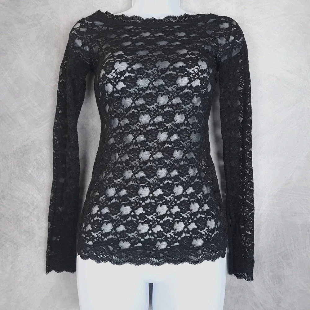 Free People Top Womens XS Black Floral Lace Sheer Coquette Fairy Goth Y2K